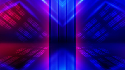 Abstract dark background with blue and pink neon glow. Neon luminous figure in the center of the stage.