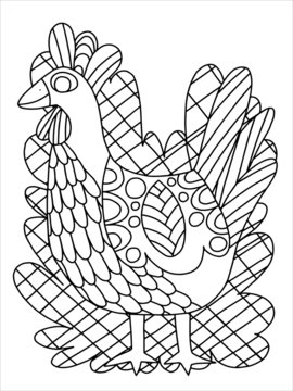 Funny rooster or chicken and curly bush from behind coloring page for kids. Easter tide cartoon domestic bird printable handout work sheet. Simple black outline on white stock vector illustration.