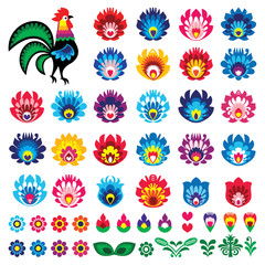 Polish folk art Wycinanki Lowickie vector design elements - flower, rooster, leaves. Perfect for textile patterns or greeting cards - obrazy, fototapety, plakaty