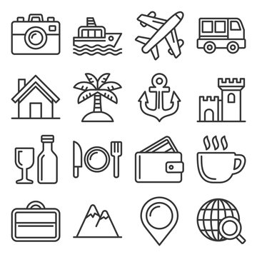 Travel and Transport Icons Set. Line Style Vector