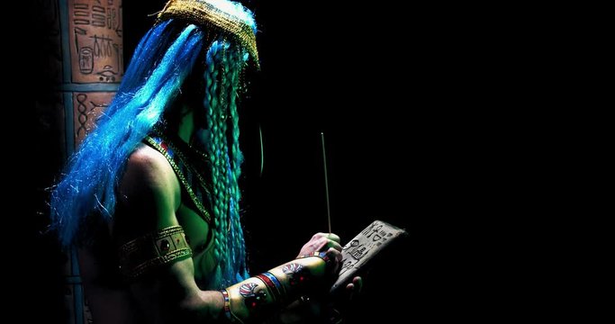 Egyptian deity Thoth is writing on a stone with a brush, black background, 4k