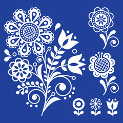 Scandinavian floral vector design elements perfect for invitation or greeting card, folk art vector ornament with flowers, white pattern on navy blue