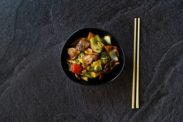 Duck Breast Fillets Steak with orange Halves and Vegetables.