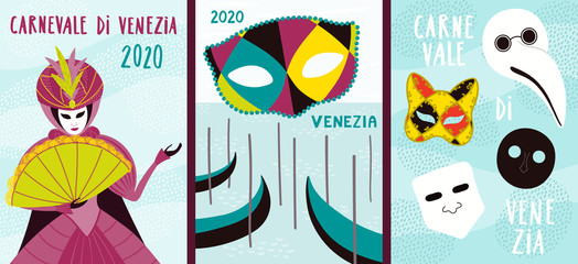 Set of Venice Carnival posters with woman in costume, traditional masks bauta, gnaga, moretta, doctor plague, gondolas, text. Hand drawn vector illustration. Flat style design. Concept flyer, banner.