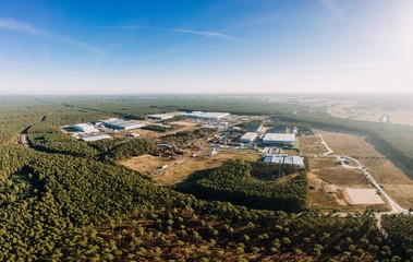 drone photo of the forest of Gruenheide, Berlin Brandenburg, Tesla giga factory