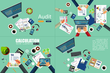 Fototapeta na wymiar Auditing concept. Realistic design of accounting, research, calculating, planning, management, financial analysis, data. Top view. Business background with desktop elements. 