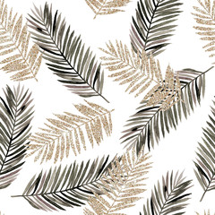 Abstract  print with gold and watercolor  leaves on white background. Seamless pattern. Hand drawn  illustration. Mixed media background