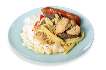 Streamed rice with Chicken curry with Fried chinese sausage in blue round plate.