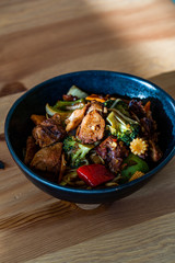 Duck Breast Fillets Steak with orange Halves and Vegetables.