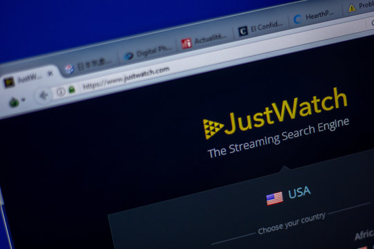 Ryazan, Russia - June 05, 2018: Homepage of JustWatch website on the display of PC, url - JustWatch.com.