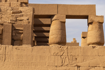Luxor Governorate, Egypt, Karnak Temple, complex of Amun-Re. Embossed hieroglyphics on columns and...