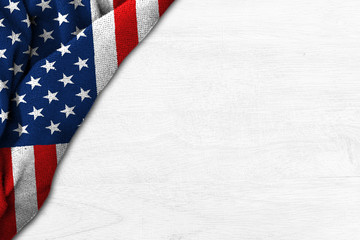 USA flag on white wood background with copy space for President's Day, Independence Day.