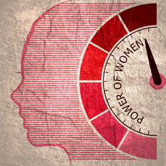 Scale with arrow from pink to dark pink. The measuring device icon. Power of women text. Head of woman silhouette.