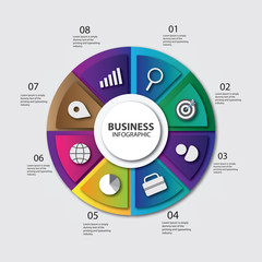 Flat style pie chart circle info graphic template with 8 options, steps, parts, processes