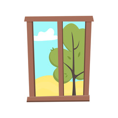 Window with a view of the spring / summer landscape. Flat style vector illustration.