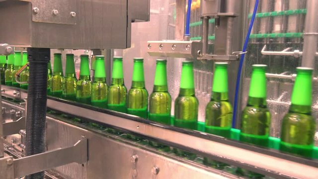 Green Beer Bottling Plant Belt At Beer Factory. Ramp Speed, Slow Motion