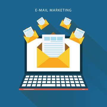 Business laptop with email marketing. Vector advertising
