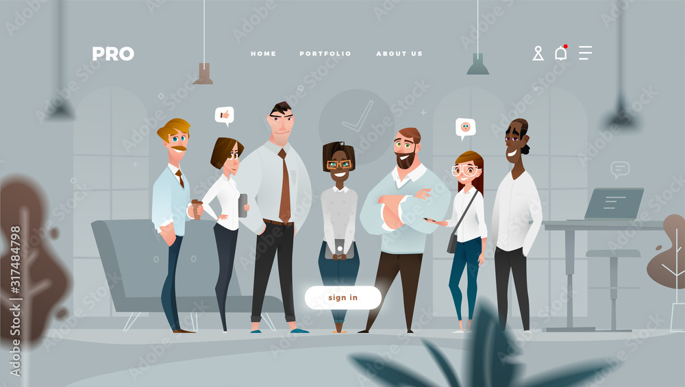 Wall mural main page web design with business cartoon characters in flat style for your projects.
