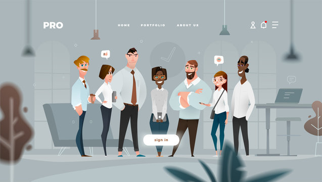 Main Page Web Design with Business Cartoon Characters in Flat Style for Your Projects. 
