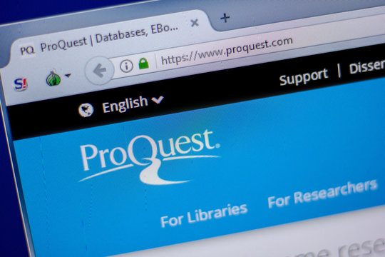 Ryazan, Russia - June 05, 2018: Homepage of ProQuest website on the display of PC, url - ProQuest.com.