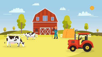Obraz na płótnie Canvas Farm with cows ,tractor, barn , farmer and hays.Landscape with farm vector illustration.Nature farm in summer