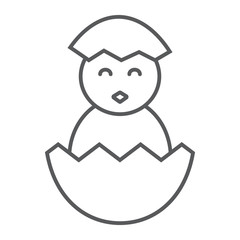 Chick peeking out off egg thin line icon, easter and holiday, chick in egg sign, vector graphics, a linear pattern on a white background, eps 10.