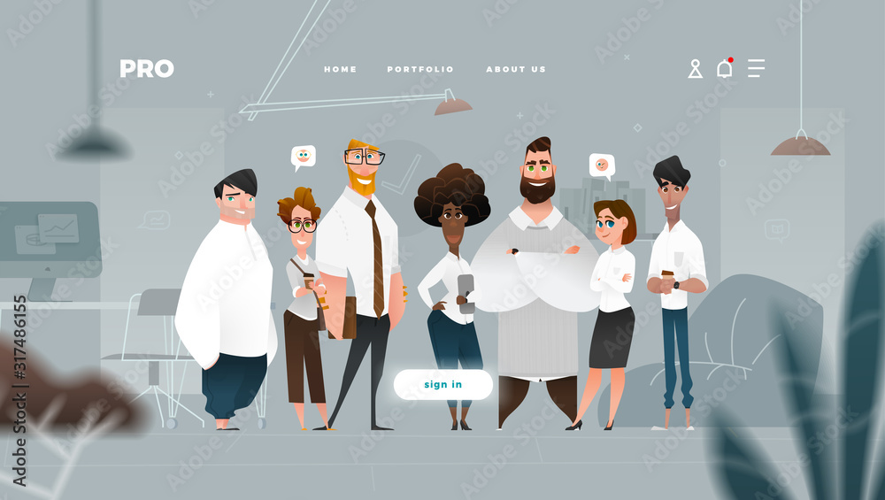 Wall mural main page web design with business cartoon characters in flat style for your projects.