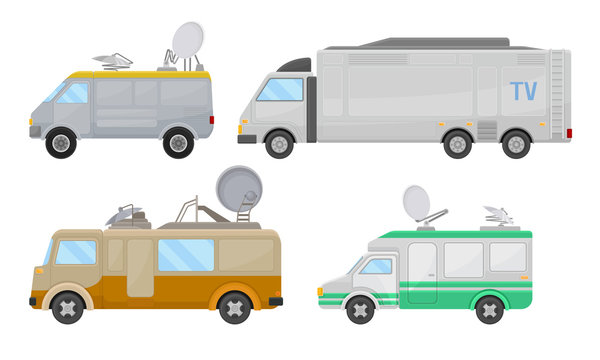 Broadcasting Car with Satellite Antenna Vector Set. Tv Vehicles Collection