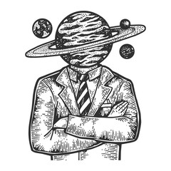Saturn planet head businessman sketch engraving vector illustration. T-shirt apparel print design. Scratch board imitation. Black and white hand drawn image. © Oleksandr Pokusai