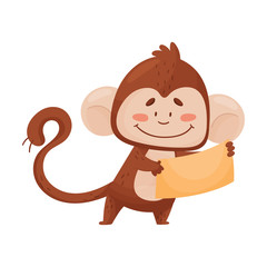 Cartoon Little Monkey Character Standing and Holding Banner with Copy-space Vector Illustration