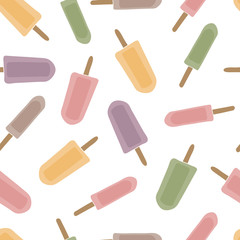 Vector Green Orange Red Purple Popsicles Scattered on White Background. Seamless Repeat Pattern. Background for textiles, cards, manufacturing, wallpapers, print, gift wrap and scrapbooking.