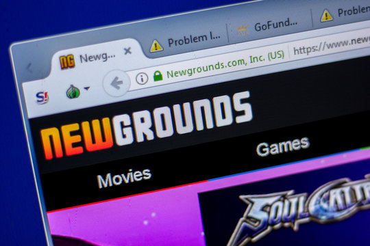Ryazan, Russia - June 05, 2018: Homepage of NewGrounds website on the display of PC, url - NewGrounds.com.