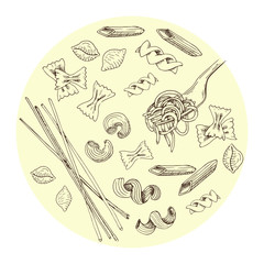 Hand drawn pasta set. Sketch style pasta collection. Vintage vector illustration