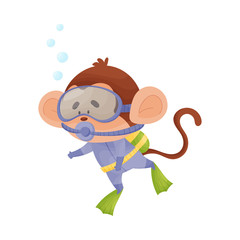 Monkey Wearing Diving Suit Snorkeling Underwater Vector Illustration