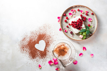 Heart shaped cappuccino and cheese sandwich with red berries.The idea for a festive breakfast, Valentine's Day.