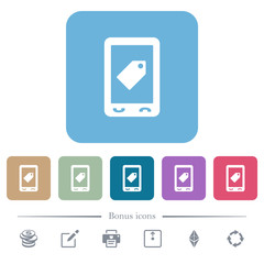 Mobile label flat icons on color rounded square backgrounds