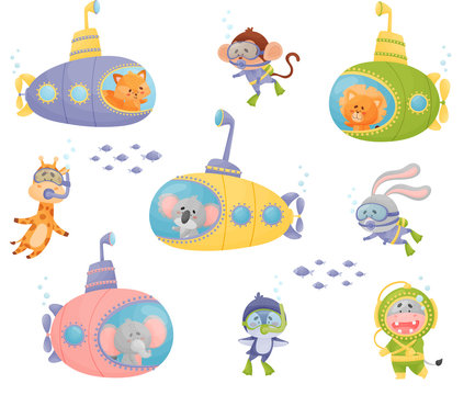 Cartoon Animals Swimming Under Water on Submarine and Wearing Diving Suit Vector Illustrations Set