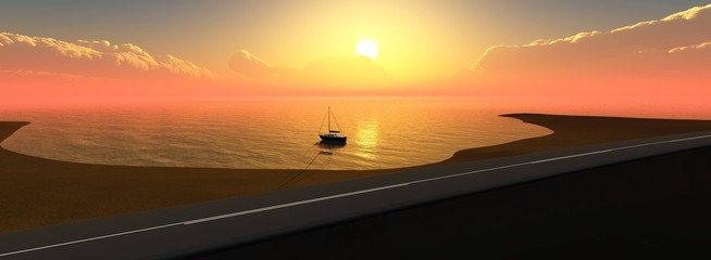 Road at sunset near the sea, panorama of sea sunset over the road, 3D rendering