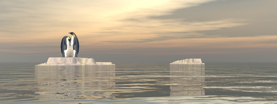 Penguin family upon a small iceberg observing the ocean - 3D render