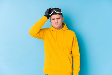 Young skier man being shocked, she has remembered important meeting.