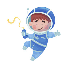 Little Boy Astronaut Wearing Spacesuit Exploring the Moon Vector Illustration