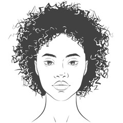 Vector African American dark-skinned woman face with healthy skin and curly hair.