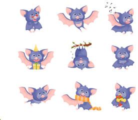 Obraz premium Funny Purple Bat Character in Different Poses Vector Set