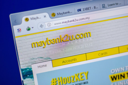 Ryazan, Russia - June 05, 2018: Homepage of MayBank2u website on the display of PC, url - MayBank2u.com.my.