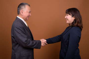 Profile view of happy mature Asian businessman and mature Asian businesswoman shaking hands