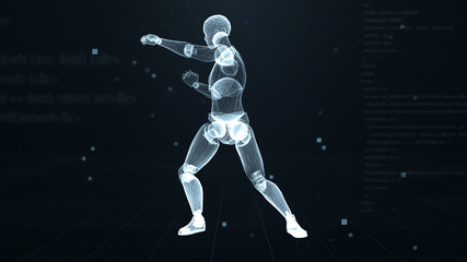 Human puppet are boxing in virtual 3d digital space with futuristic white hud. X-ray scan. Side view.