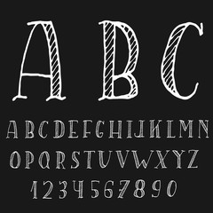 Alphabet with capital letters and numbers only. Hatched handwritten  font.  Slightly curved letters for signage and lettering