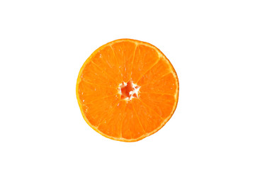 Thin slice of orange on white background.