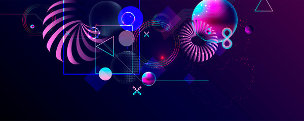 Vector 3d futuristic neon space background with planets and geometric elements abstraction