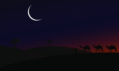 Illustration of traveler with three camels walking in the middle of the desert at sunset.